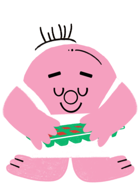 Pink Rainber with an Apron and Ice Cube Tray in Hand